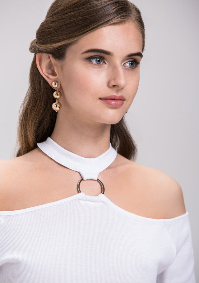 Three Gold Sphere Dangling Earrings