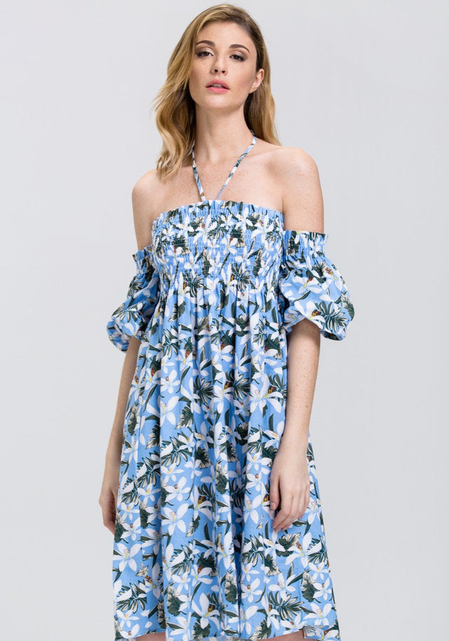 Tropical Flower Print Off the Shoulder Midi Dress