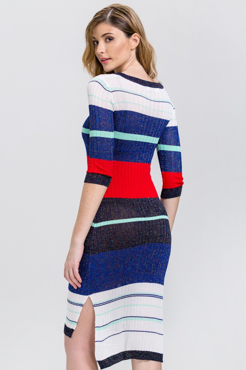 Striped Bodycon Sweater Dress with High-Low Hemline
