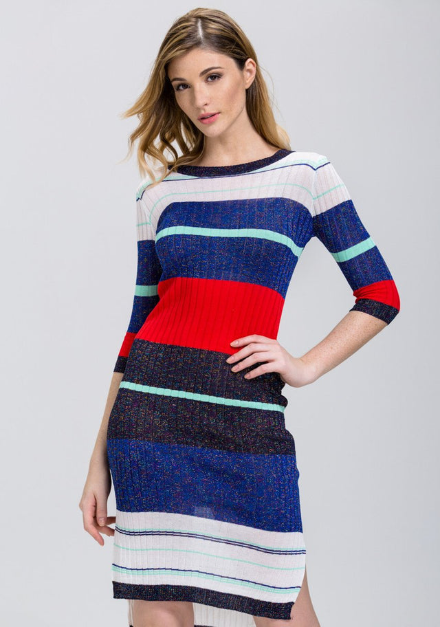 Striped Bodycon Sweater Dress with High-Low Hemline