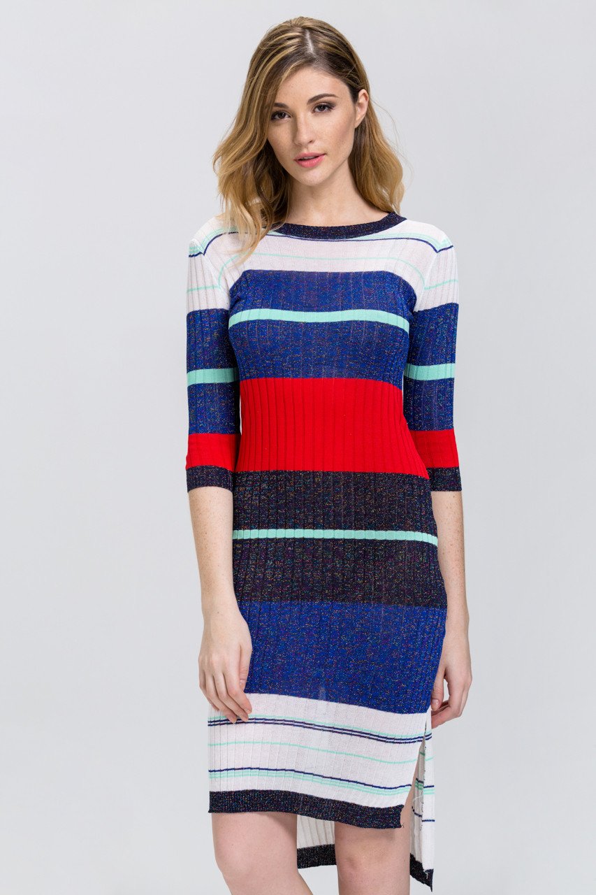 Striped Bodycon Sweater Dress with High-Low Hemline