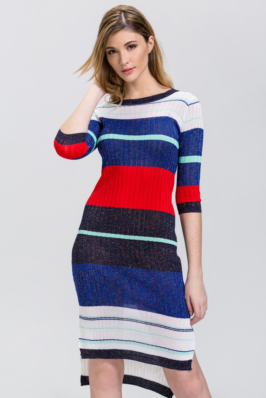 Striped Bodycon Sweater Dress with High-Low Hemline