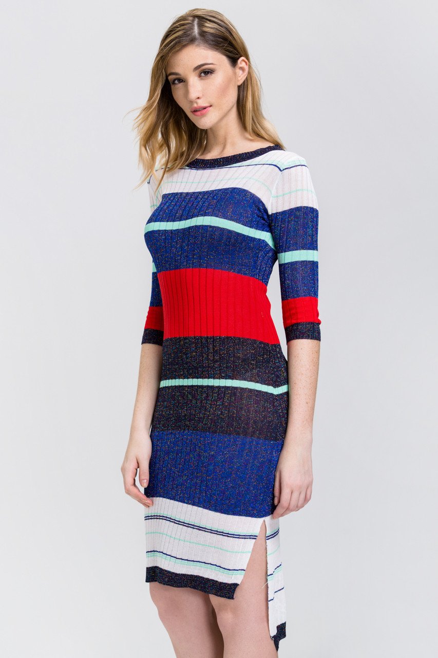 Striped Bodycon Sweater Dress with High-Low Hemline