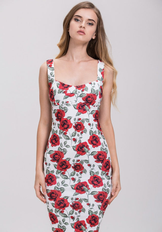 Rania Fawaz - Vintage Rose Print Pencil Midi Dress