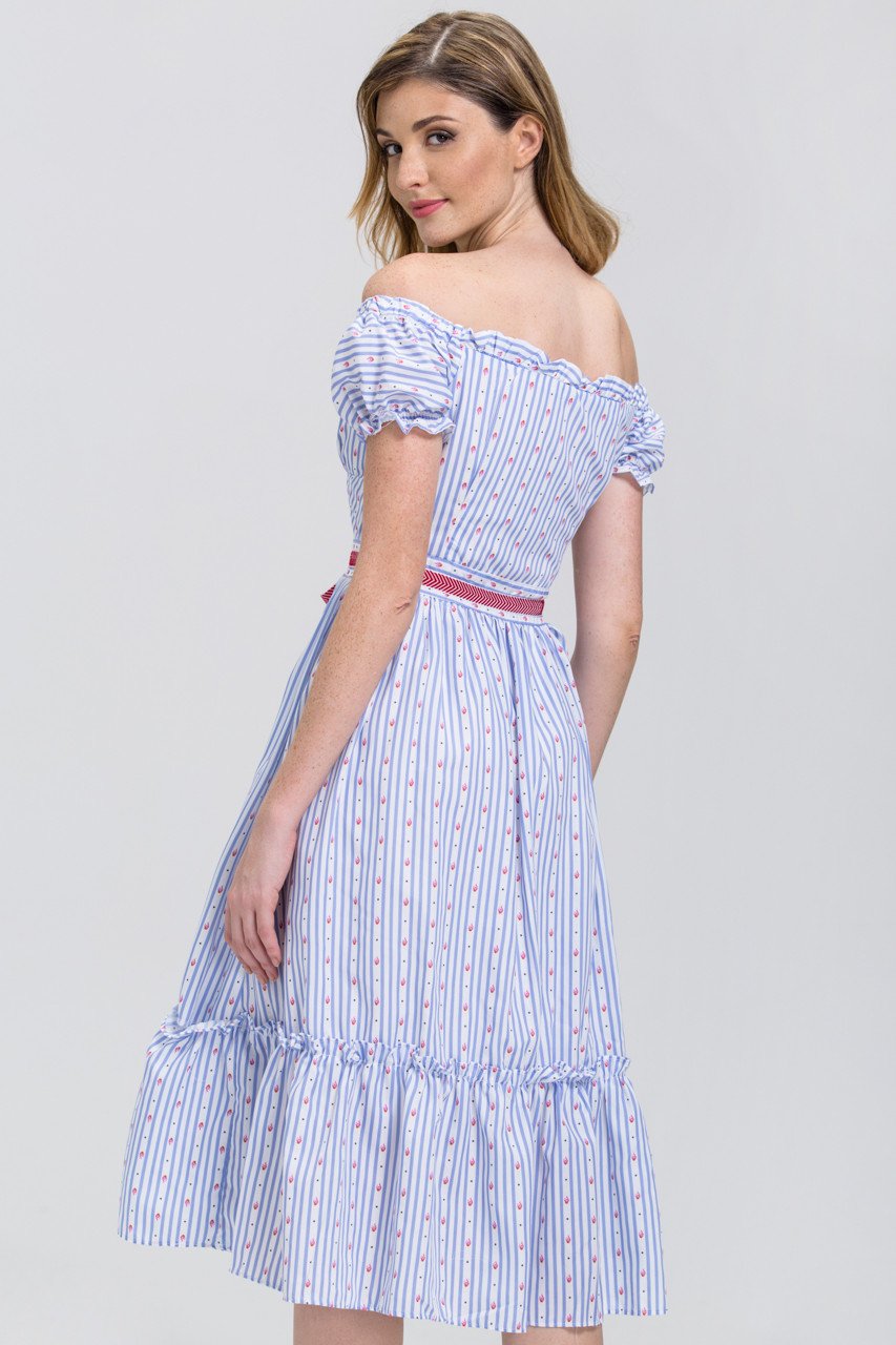 Vintage Stripe Print Button up Ruffled Hem Midi Dress