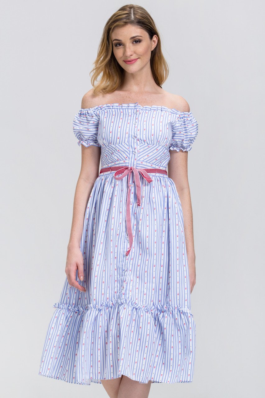 Vintage Stripe Print Button up Ruffled Hem Midi Dress
