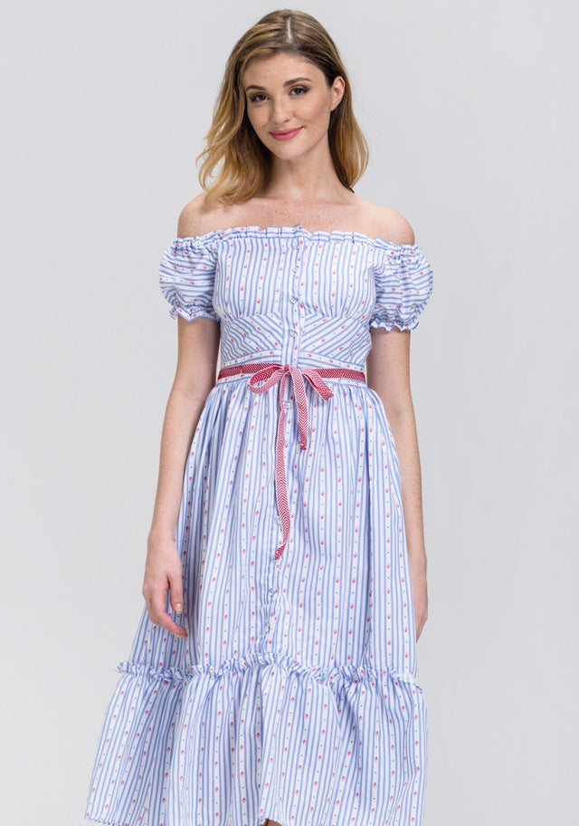Vintage Stripe Print Button up Ruffled Hem Midi Dress