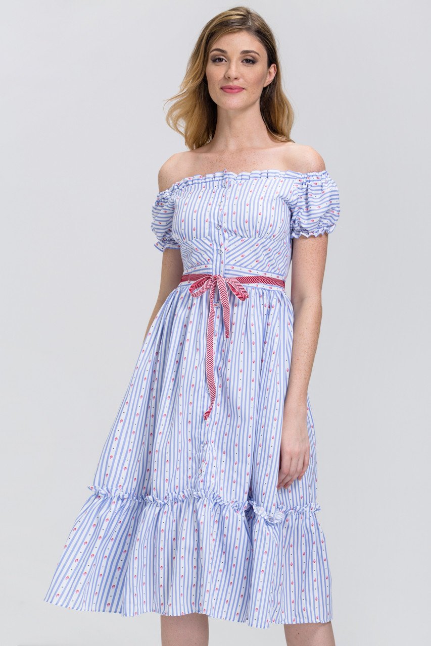 Vintage Stripe Print Button up Ruffled Hem Midi Dress