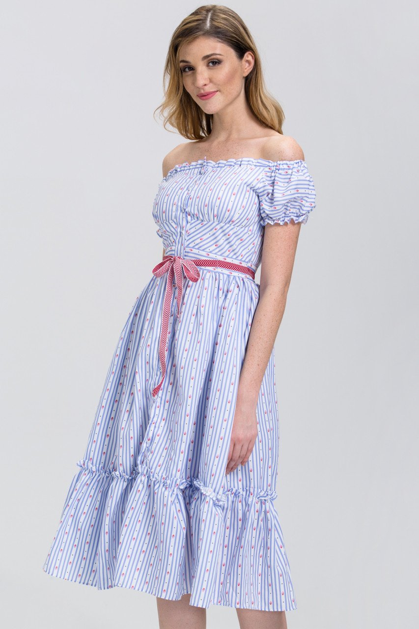 Vintage Stripe Print Button up Ruffled Hem Midi Dress
