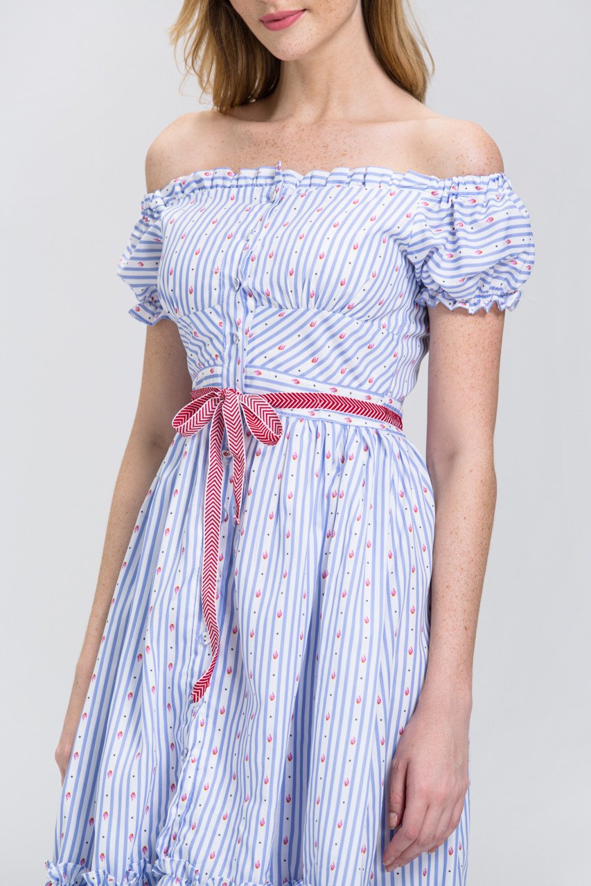 Vintage Stripe Print Button up Ruffled Hem Midi Dress