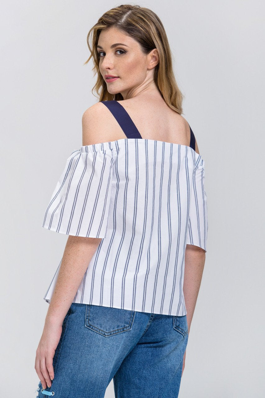 White Blue Belt Strap Stripe Off-The-Shoulder Top