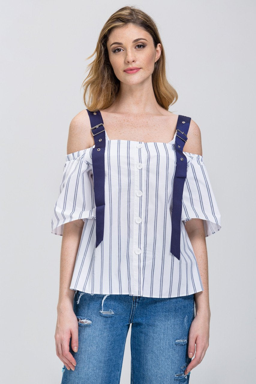 White Blue Belt Strap Stripe Off-The-Shoulder Top