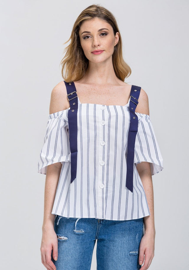 White Blue Belt Strap Stripe Off-The-Shoulder Top