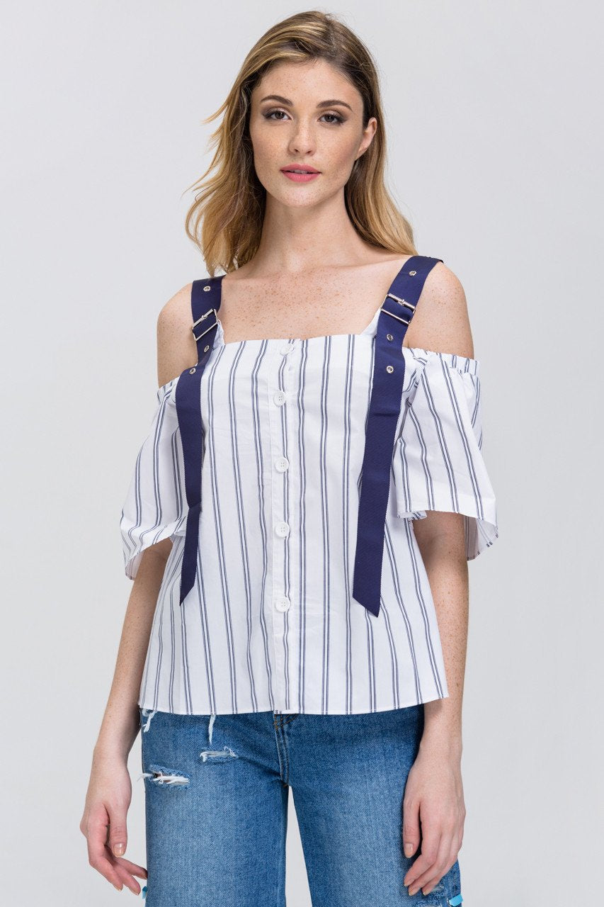 White Blue Belt Strap Stripe Off-The-Shoulder Top