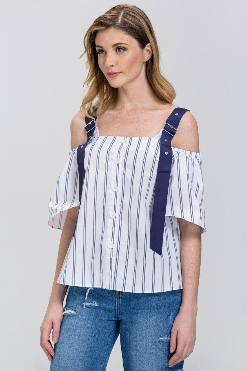White Blue Belt Strap Stripe Off-The-Shoulder Top
