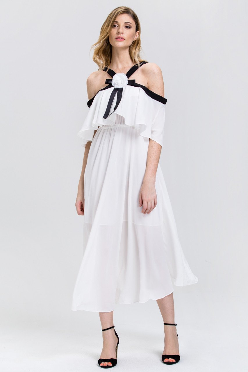 Fatima Almomen - White Chiffon Black Strap Off the Shoulder Midi Dress