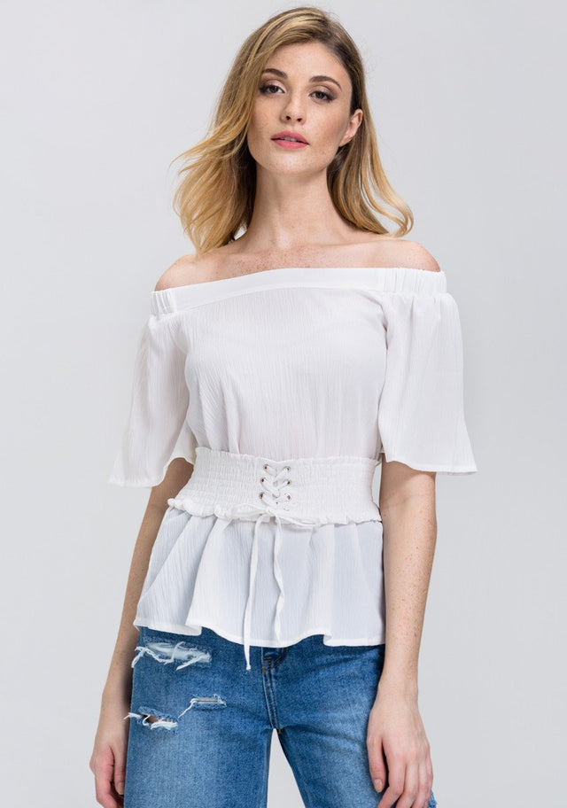 White Crepe Off-The-Shoulder Corset Top