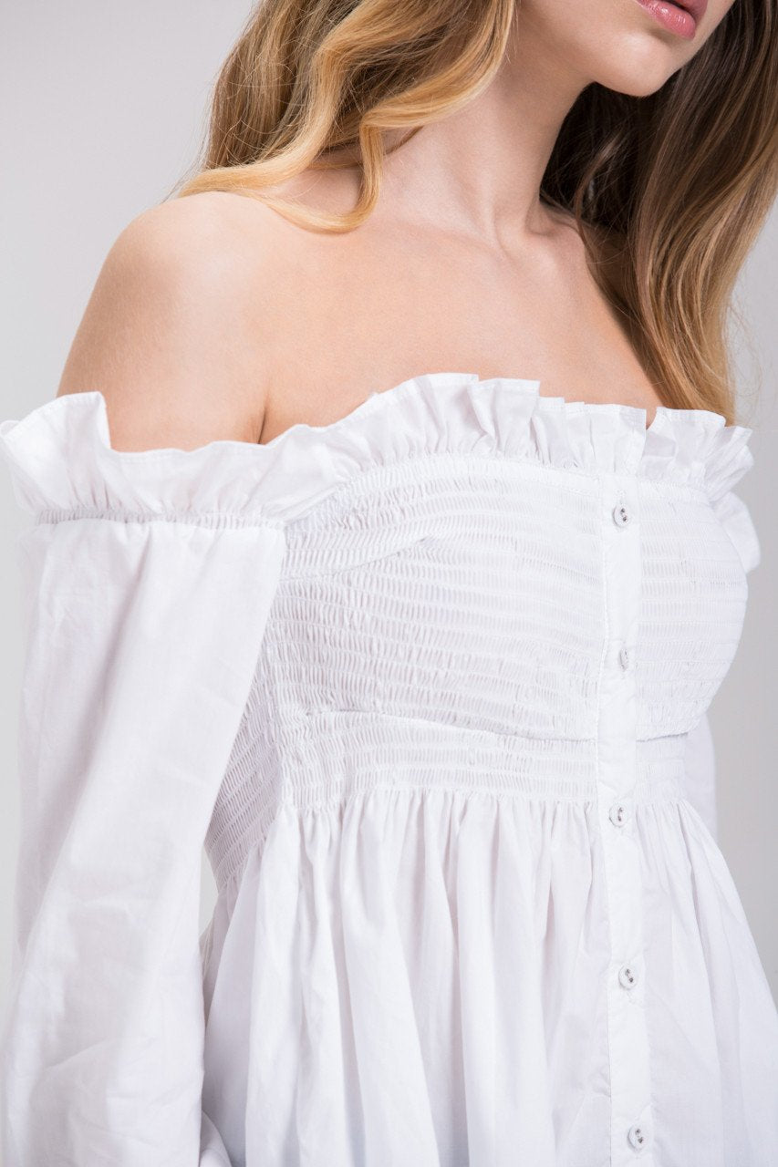 Dima Al Sheikhly - White Elastic Long Sleeves Button Up Off the Shoulder Top