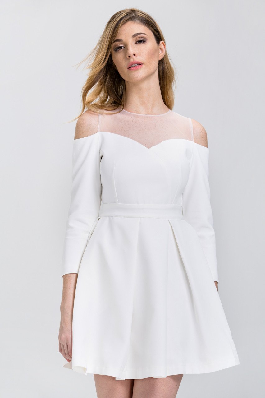 White Off-The-Shoulder Sheer Yoke Skater Mini Dress