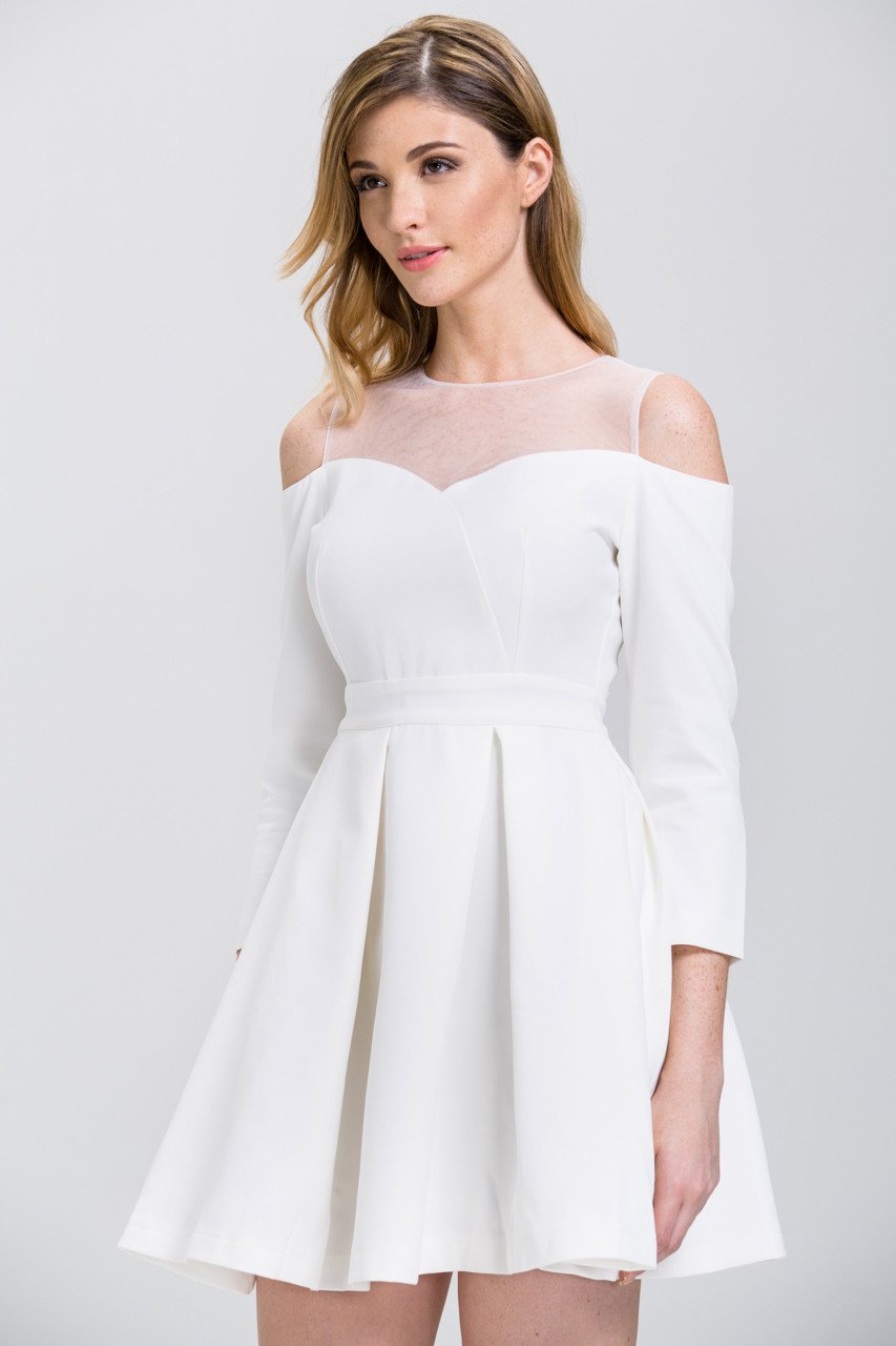 White Off-The-Shoulder Sheer Yoke Skater Mini Dress