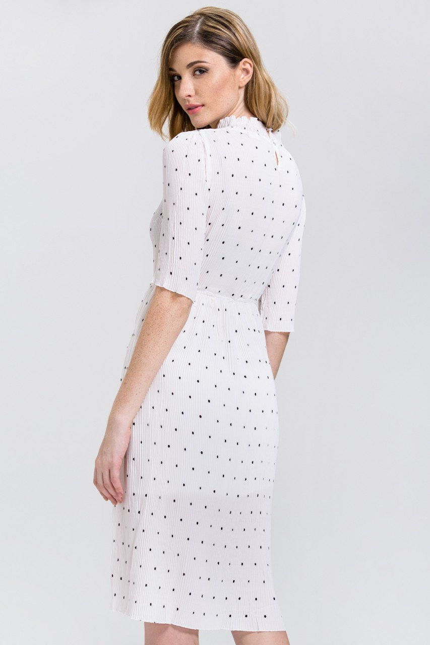 White Polka Dot Pleated Sleeved High Neck Midi Dress