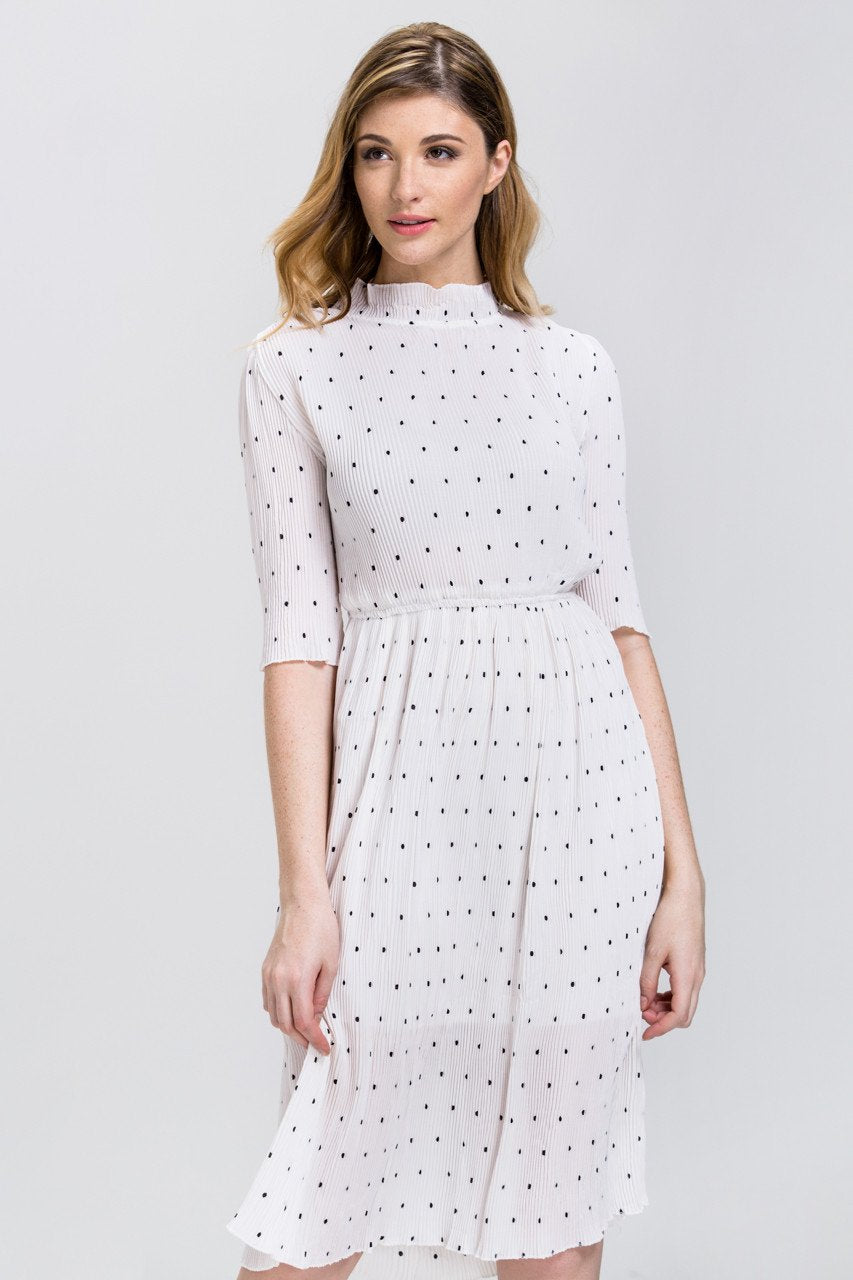 White Polka Dot Pleated Sleeved High Neck Midi Dress