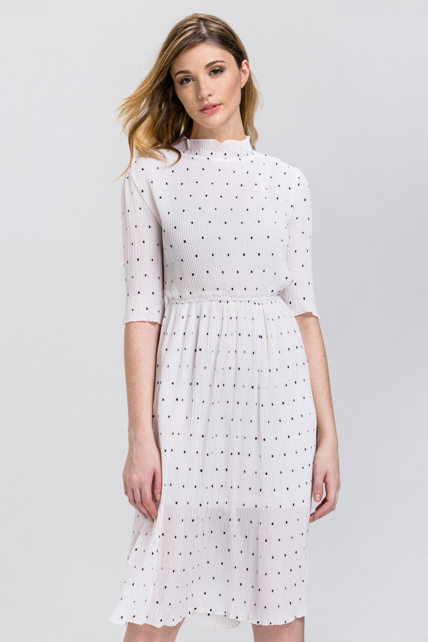 White Polka Dot Pleated Sleeved High Neck Midi Dress