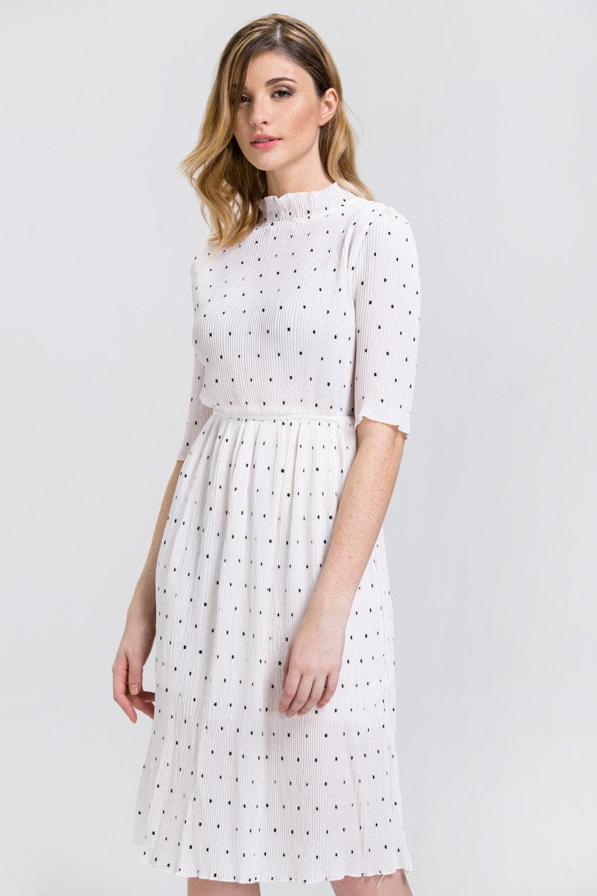 White Polka Dot Pleated Sleeved High Neck Midi Dress