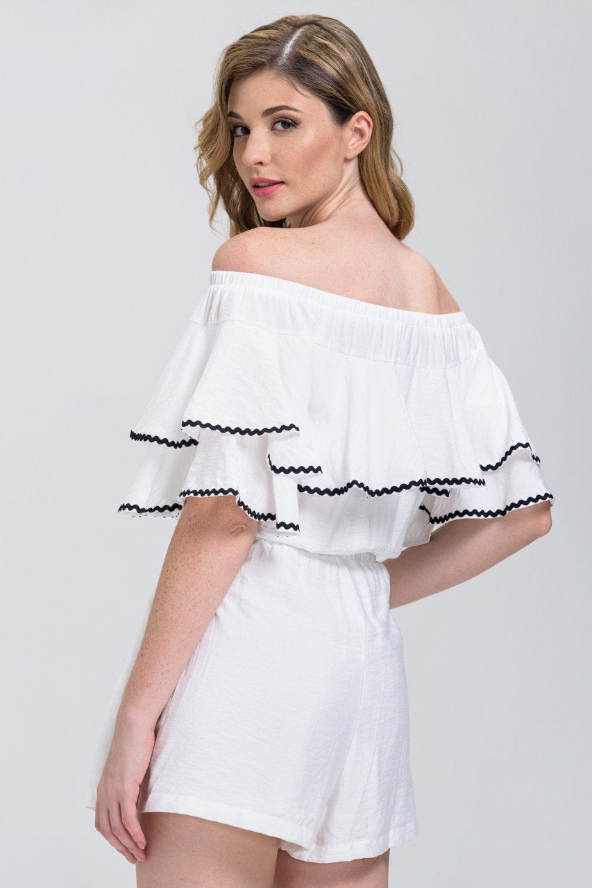White Ruffled Off the Shoulder Drawstring Playsuit