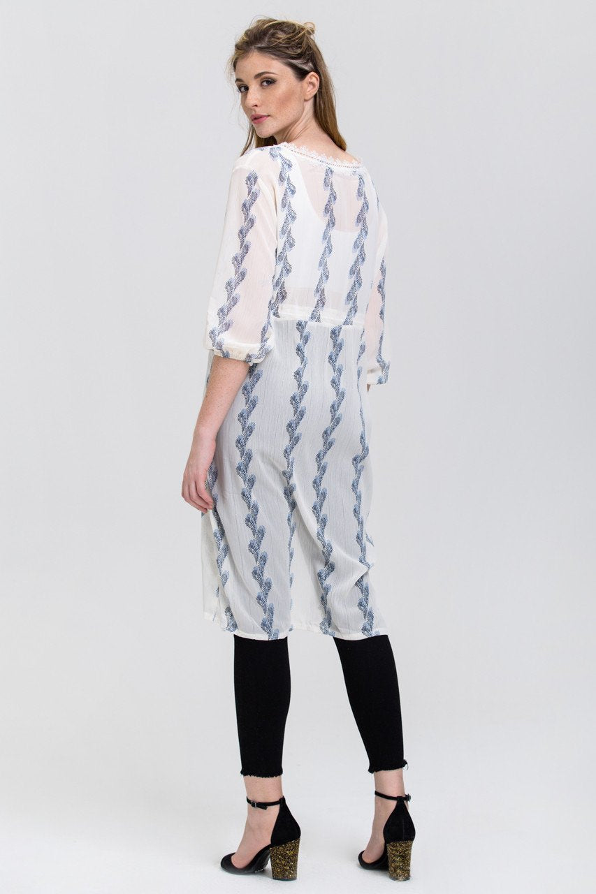 White Sheer Feather Print Long Robe Top