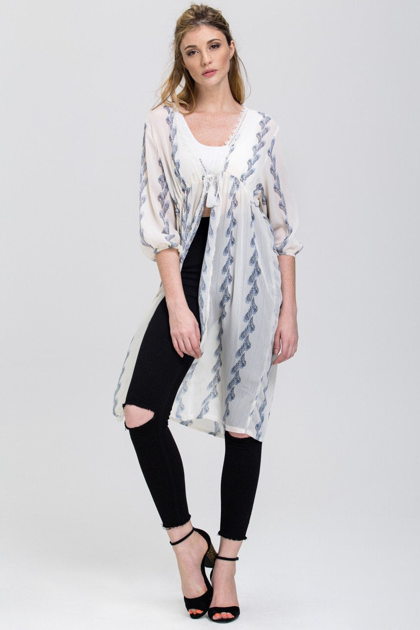 White Sheer Feather Print Long Robe Top