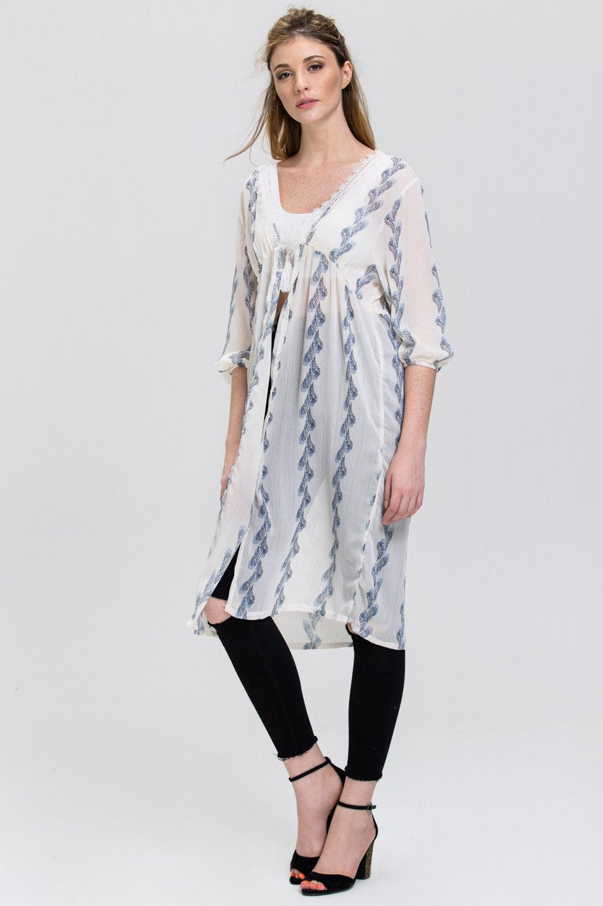 White Sheer Feather Print Long Robe Top