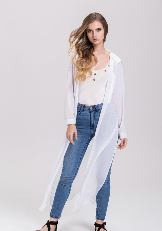 Rania Fawaz - White Sheer Gold Button Long Shirt Top