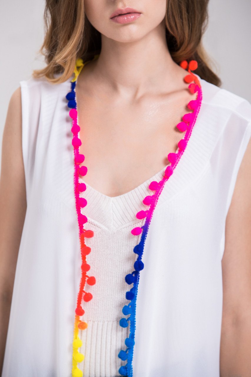 White Sheer Rainbow Pompom Trim Long Vest Cardigan