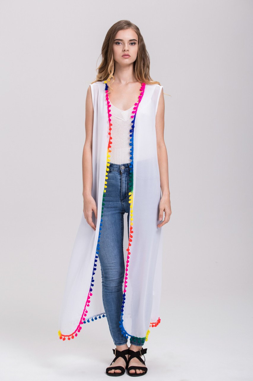 White Sheer Rainbow Pompom Trim Long Vest Cardigan