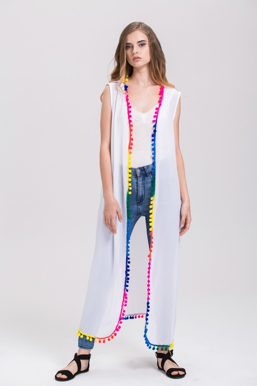 White Sheer Rainbow Pompom Trim Long Vest Cardigan