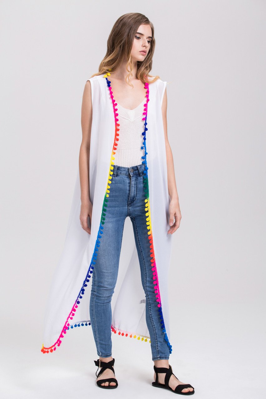 White Sheer Rainbow Pompom Trim Long Vest Cardigan