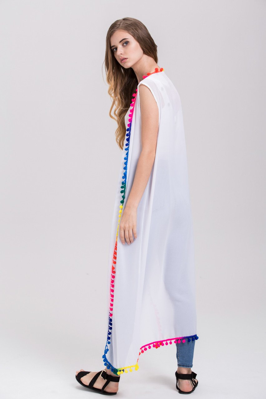 White Sheer Rainbow Pompom Trim Long Vest Cardigan