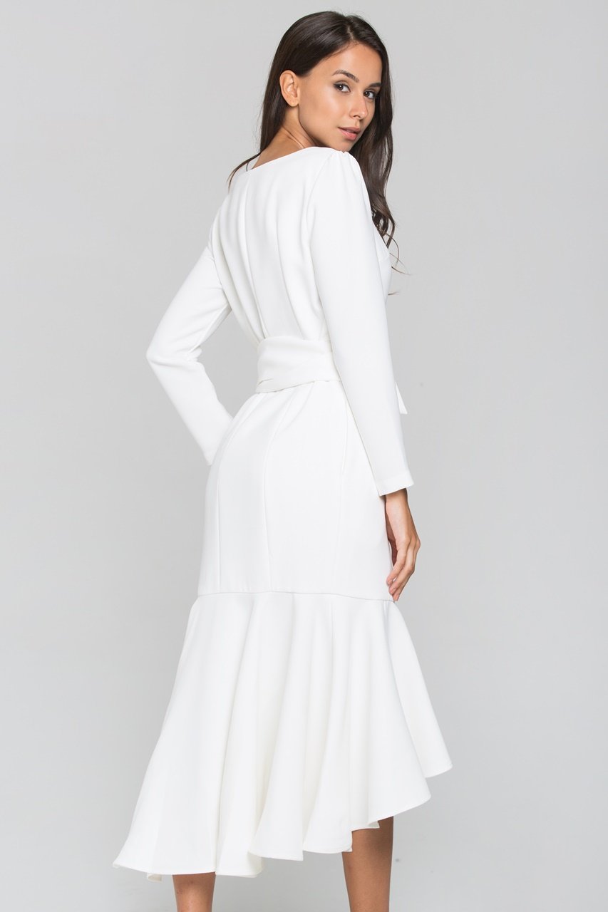 White Sleeved Button Up Trumpet Midi Dress