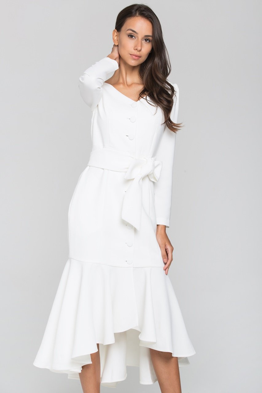 White Sleeved Button Up Trumpet Midi Dress
