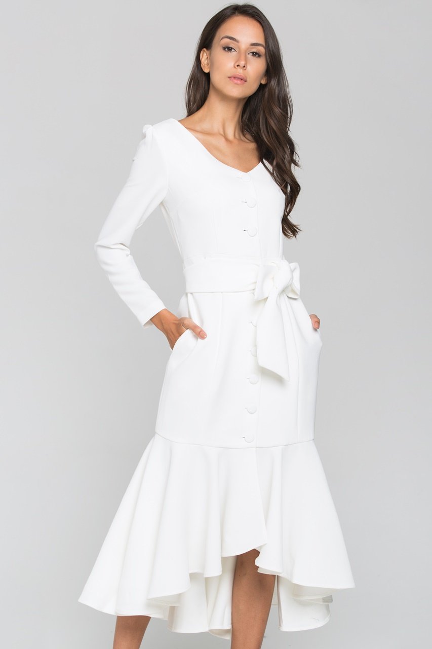 White Sleeved Button Up Trumpet Midi Dress