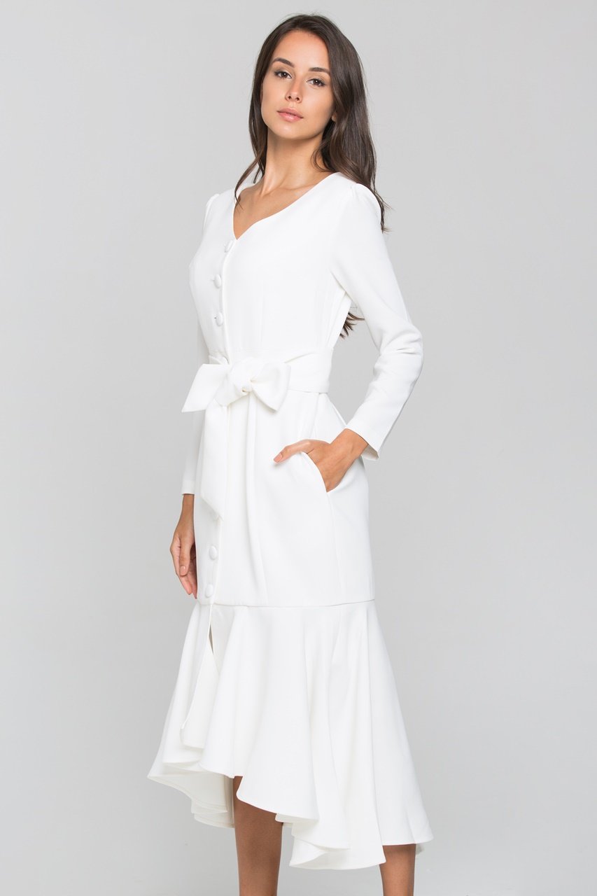 White Sleeved Button Up Trumpet Midi Dress