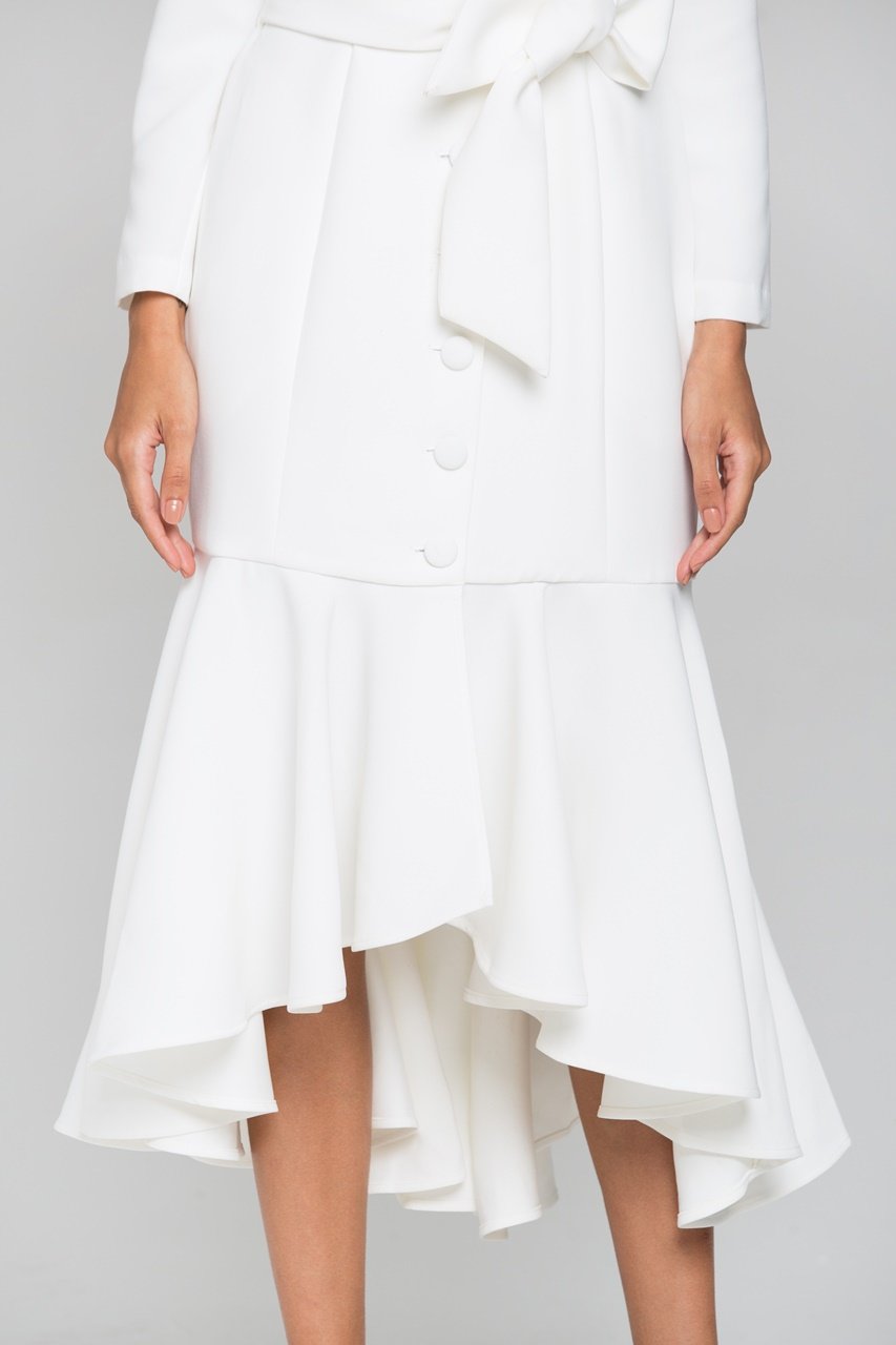 White Sleeved Button Up Trumpet Midi Dress