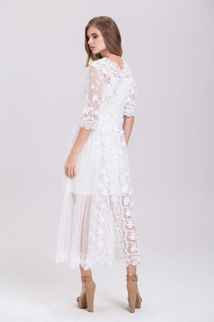 White Soft Tulle Guipure Lace Trim Layered Midi Dress