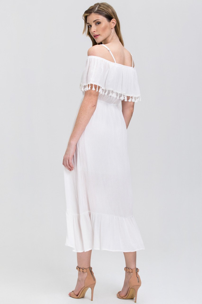 White Tassel Trim off the Shoulder Summer Maxi Dress