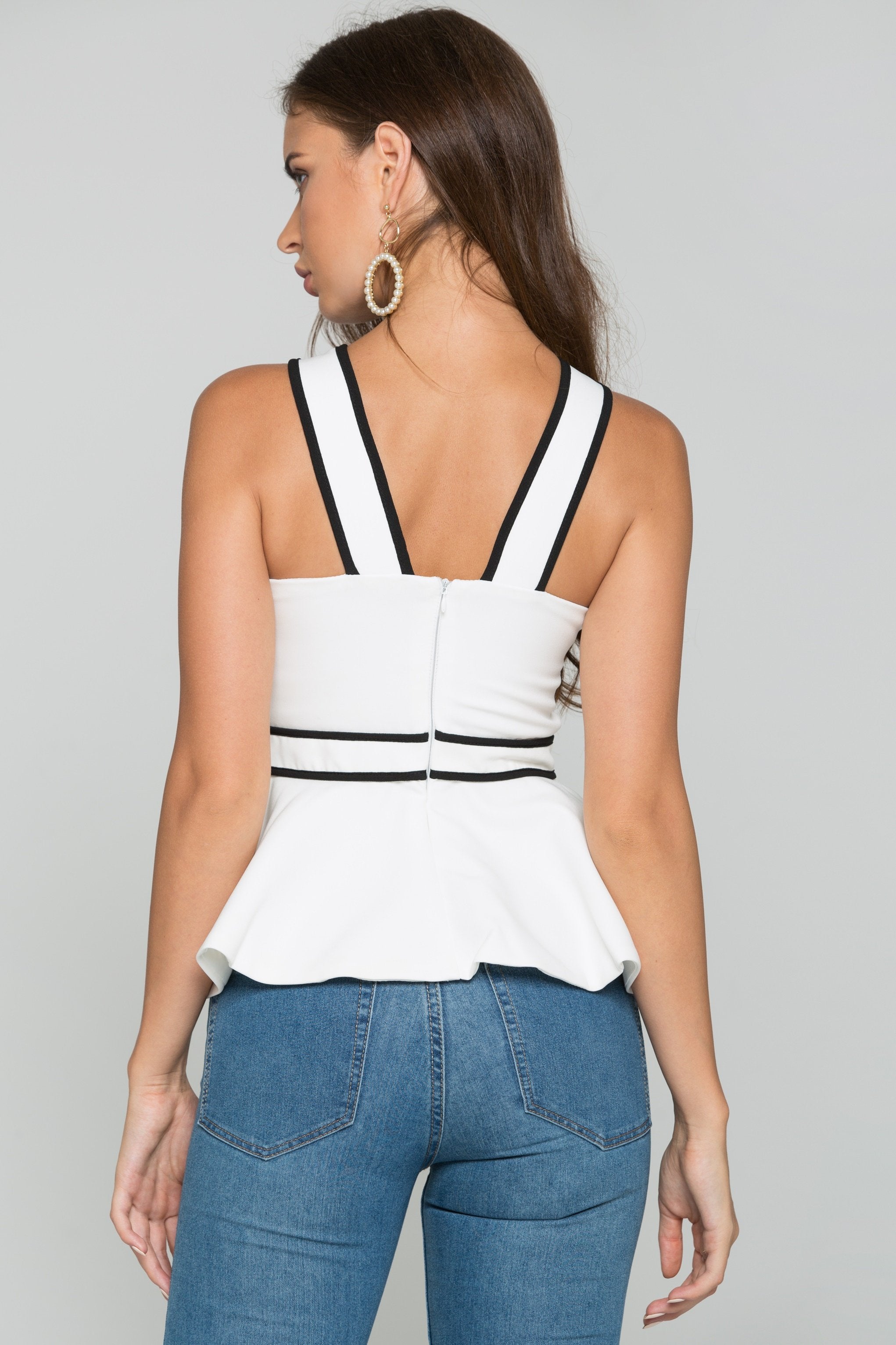 White V-Strap Front Bow Detail Peplum Top