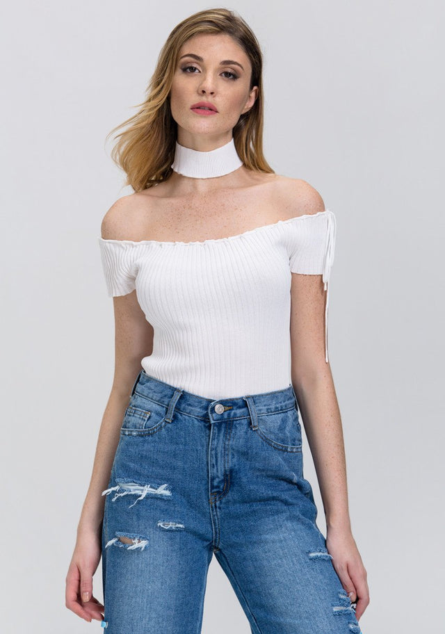Rania Fawaz - White Off the Shoulder Bodycon Choker Top