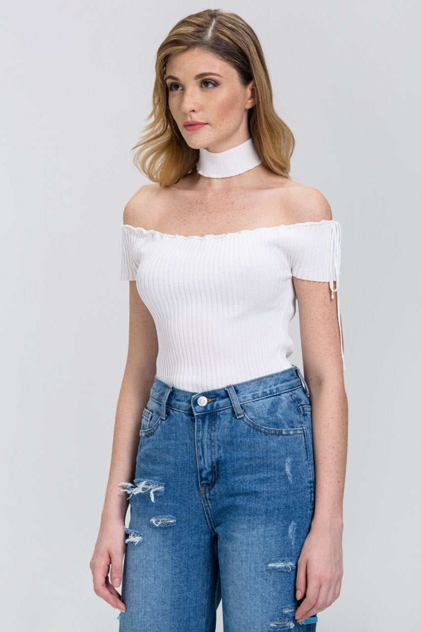 Rania Fawaz - White Off the Shoulder Bodycon Choker Top