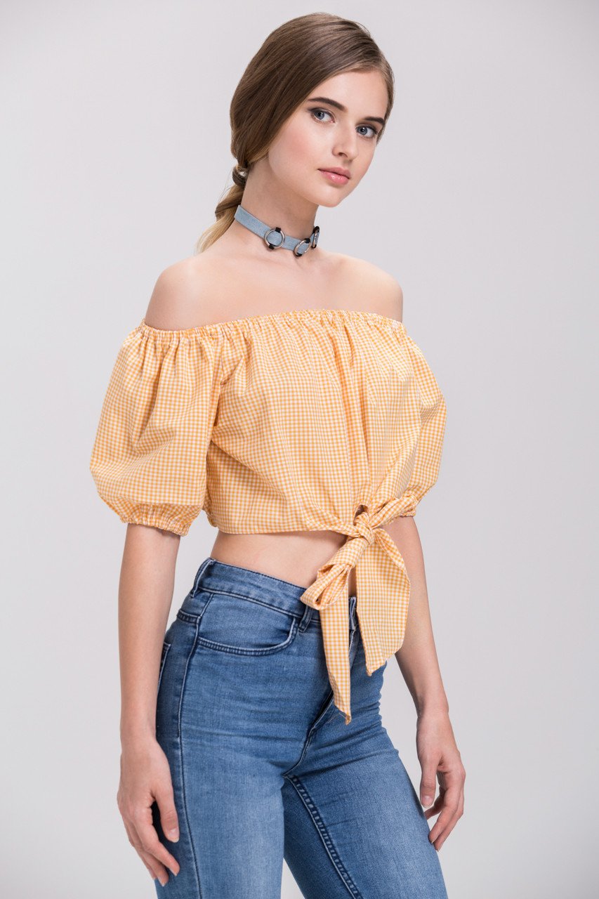 Rania Fawaz - Yellow Gingham off the shoulder Tie up Crop Top