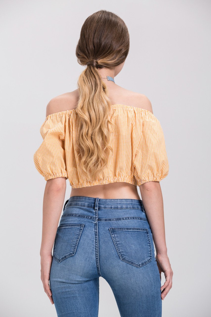 Rania Fawaz - Yellow Gingham off the shoulder Tie up Crop Top